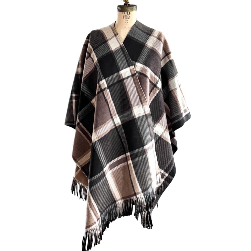 Autumn Reversible Plaid & Solid Black Shawl/Poncho/Wrap by Eivissa, One Size